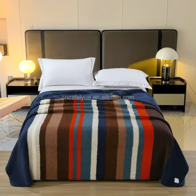 FY 2 Ply Soft Flannel Fleece Blanket 100% Polyester Beige Grey White Teddy Velvet Striped Woven Technique European for Airplane