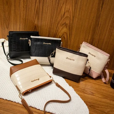 New Arrival Guangzhou Women's Fashion Crocodile Pattern PU Bucket Bag Contrast Color Crossbody Shoulder Bag Patchwork