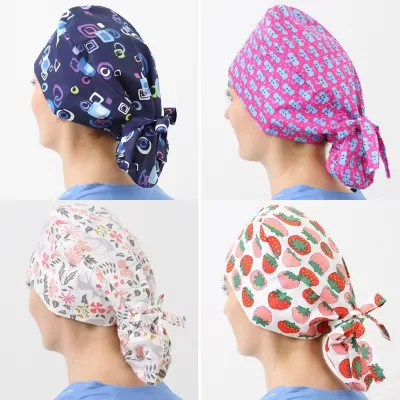 Custom Hospital Scrub Uniform Accessories Printed Scrub Caps Surgical Nurse Head Cover Cotton Dental Nursing Hats for Long Hair