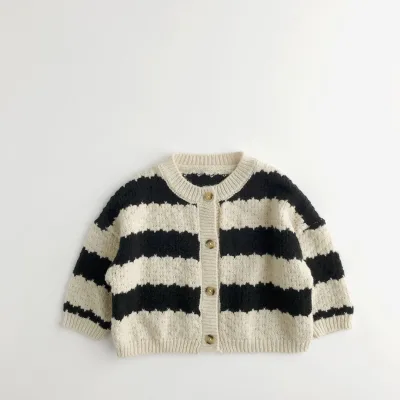 Wholesale Factory Direct Loose Boys Black and White Stripe Knitted Cardigan Sweater Mohair Solid Color Chunky Knit Kids Sweaters