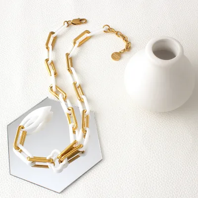 GP White Ceramic Cuban Necklace Link Chains Non Tarnish Original Design Titanium Steel Geometric Hip-hop Chain Wholesale