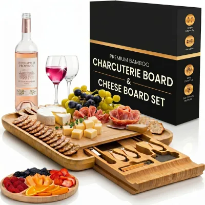 Bamboo Cheese Board and Knife Set Large Bambus Delicatessen Schneidebrett Holz Charcuterie Boards Set Platter for Warming Gifts