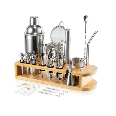 12 Piece Set Blender Sleeve Snow Kettle Wine Utensils Bar Tools Stainless Steel Mixer Shaker With Bamboo Frame Tray