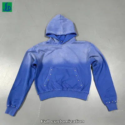 Streetwear Rhinestone Heavyweight Hoodie Manufacturers Oversized Sun Fade Vintage Acid Wash Hoodie Blue Distressed Hoodies