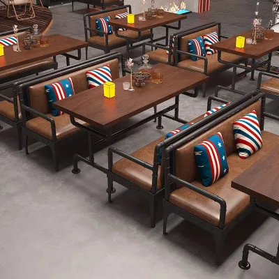 Retro Style Bar Furniture Set Coffee Shop Table Chair Leather Sofa Solid Wood Top Metal Frame Dining Restaurants Hotels Leisure