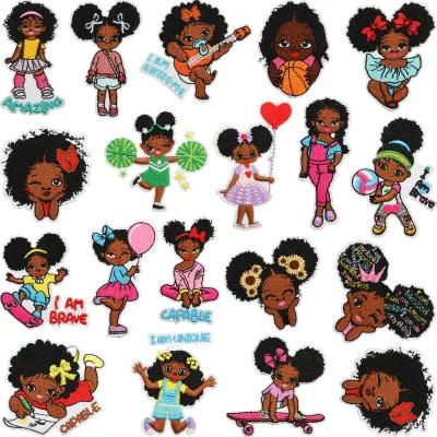 Wholesale Afro Black Girl Embroidered Patches Iron On Sew On African American Doll Fabric Stickers for Kids Clothing DIY Craft