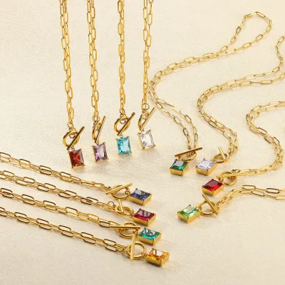 18K Gold Plated Stainless Steel Square Birthstone Chain OT Buckle Necklace 12 December Birthday Stone Jewelry