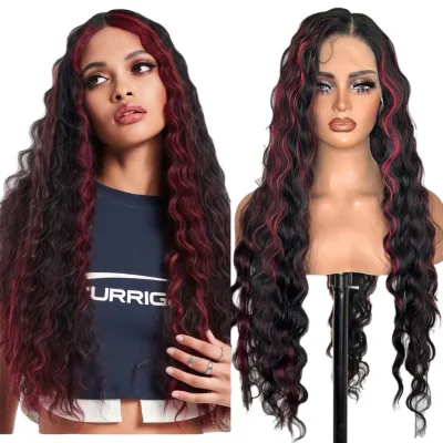 Dailmei Glueless 13*1 Front Natural Hairline Loose Deep Wave Light Brown Highlight 99j Long Curly Synthetic Blend Premium Fiber