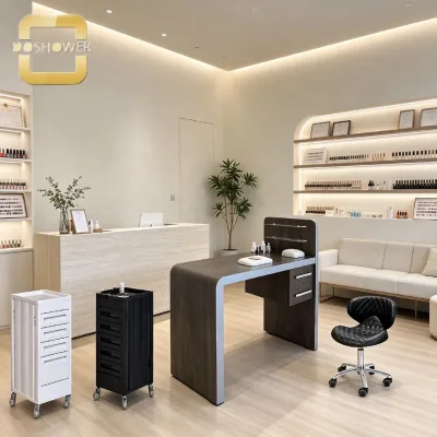 Curved Wood Grain Single Manicure Table with Two Closed Storage Drawers and Transparent Display Shelves for Nail Salon