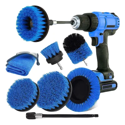 8-Pcs Industrial PP Material Drill Cleaning Brush Set Handle Power Scrubber Towel Kit Extend Attachment for Car Kitchen Cleaning