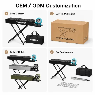 Customized logo Heavy Duty Portable Folding Charcoal BBQ Grill X-Shaped Stand Outdoor Camping Detachable Hand Crank Air Blower