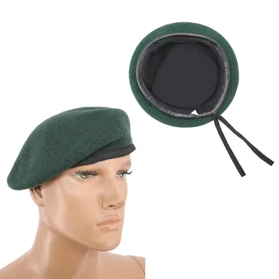 Custom Logo Wool Beret Hat Ceremonial Officer Uniform Cap Green Leather Trim Adjustable Drawstring Beret for Men Women Wholesale