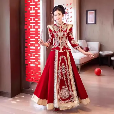 Velvet Bridal Xiuhe Clothes 2026 New Chinese Style Wedding Clothes Bridal Toast Dress Slim Wedding Sets