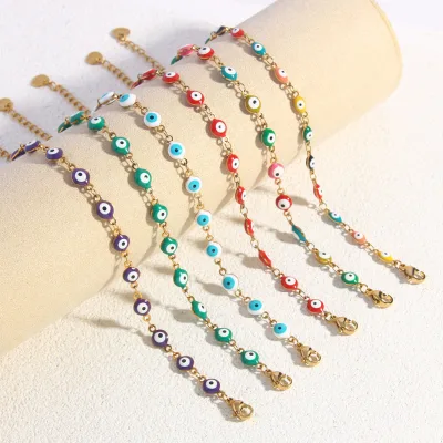Wholesale Colorful Retro Demon Enamel Turkey Eye Bracelet Charm Lucky Adjustable Stainless Steel Oil Drip Eye Bracelet for Women