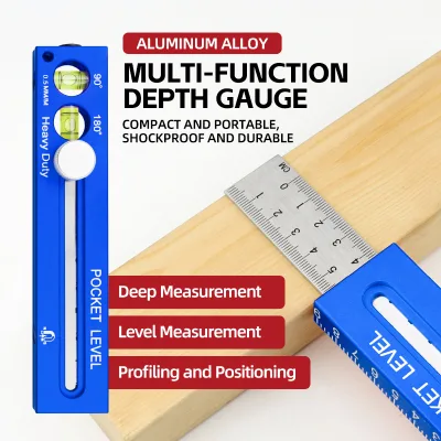 Handheld Multi Functional Angle Measuring Ruler Metric & Imperial Marking Ruler with Level & Depth Measurement Tool