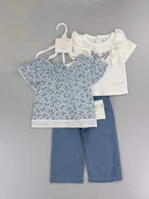 J30XL Summer Breathable Floral Smocked Top + Ruffle Inner Tee + Wide Leg Pants 3Pcs Casual Baby Girl Outfit Wholesale