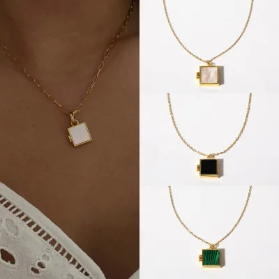 0 Simple Fashion Copper Gold Plated Opened Picture Locket Jewelry square Shell Photo Locket Necklace