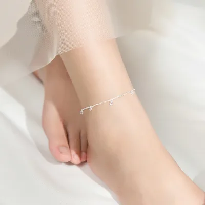 925 Sterling Silver Chain Anklets Bracelet with CZ Bean Tiny Beads Silver Adjustable Foot Ankles