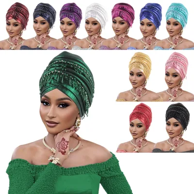 Fashion Women's Muslim African Headtie with Beading Tassels for Wedding