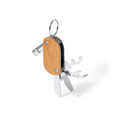 The Practical Multifunctional Metal Tool Keychain Made of Durable Stainless Steel Wood with 9 Functions for Outdoor Camping