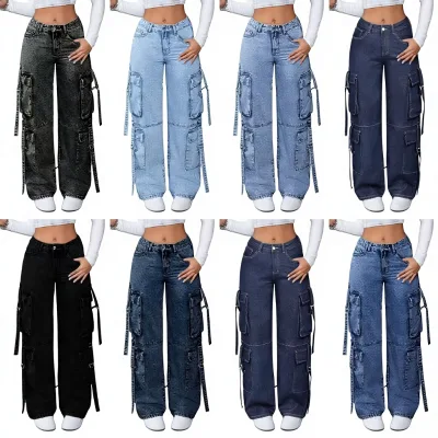 Women's Hip Hop Style Denim Wide Leg Pants Plus Size Summer Fashion Trousers with Lace up and Patches Decoration