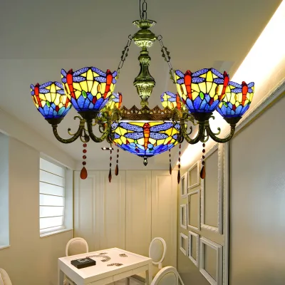 9 Lights Blue Chandeliers for Living Room, Dragonfly Pendant Ceiling Lamp with Stained Glass Shade and Amber Crystal Decoration