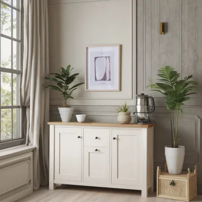 Cream Modern Homefield Sideboard Buffet Cabinet Wooden Storage Credenza Oak-Tone Top 2 Doors 2 Drawers Freestanding Cupboard