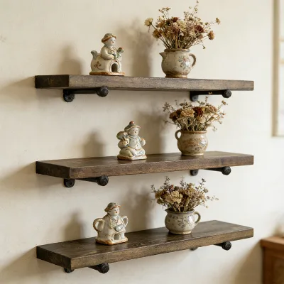 Home Furnishing Modern Heavy Duty Floating Wall Shelves with Industrial Pipe Brackets Solid Wood Set for Kitchen & Living Room
