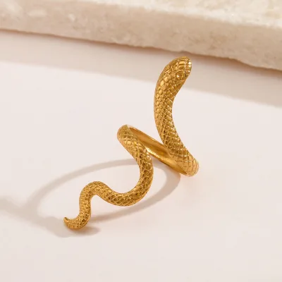 Popular Snake-Shaped Women's Retro Ethnic Real Gold Electroplated Stainless Steel Opening Adjustable Ring Fashion Rings