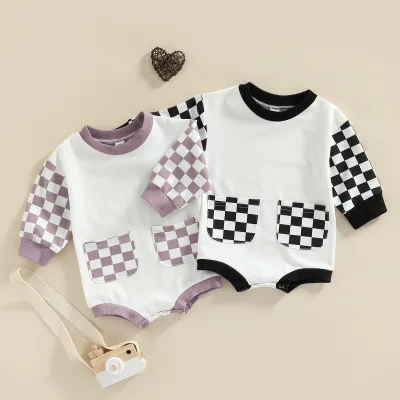 Unisex Baby Autumn Hooded Sweatshirt Romper Checkered One Piece Cotton Chunky Jumpsuit with Snap Button Closure