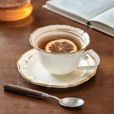 Retro Glaze Ceramic Coffee Cup Saucer Set Wedding Dishwasher Safe Exquisite Afternoon Tea Cups Tall Appearance for Breakfast