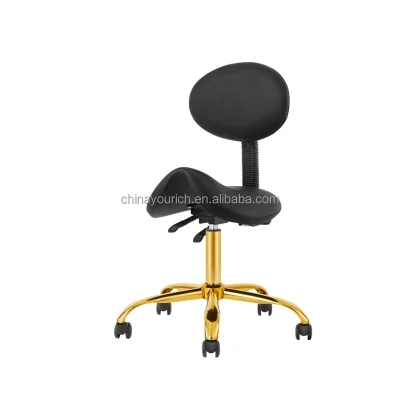 Ergonomic Saddle Stool with Backrest, Adjustable Height Rolling Salon Chair, Gold Base Swivel Barber Stool for Beauty Salon