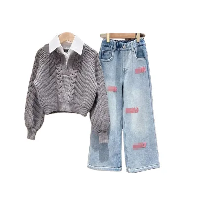 Fashion 2pcs 4-14Y Girls Clothing Sets Top Sweater and Denim Pants Kids Clothes Girls Clothes