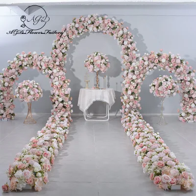 New Pink Floral Arrangement Scene Wedding Stage Background Live Decoration Flower Balls Flower Rows Arches