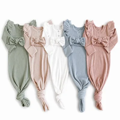 Hongbo Ribbed No Zip No Snap Baby Sleeper Romper Neutrals Fold Over Mitten Cuffs Ruffle Sleeves Knitted Newborn Baby Gown