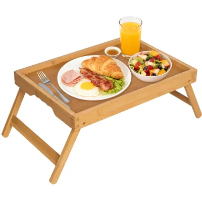 Wood Double Tier Bed Tray Table with Folding Legs for Bathroom TV Laptop Computer Tray Eating Snack Storage