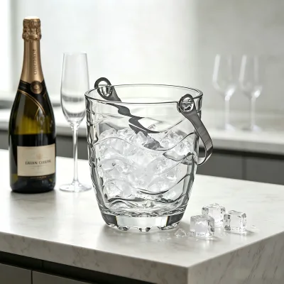 800ml Wavy Texture Glass Ice Bucket With Metal Handle, Clear Glass Wine Chiller Bucket for Bar, Home Party Drinks Cooling