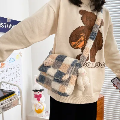 Custom Women Check Pattern Teddy Bear Kawaii Soft Purse Fluffy Fleece Shoulder Bag Sherpa Plush Crossbody Messenger Bag