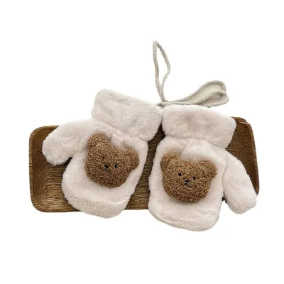Children's Plush Warm Gloves Cute Plush Embroidered Bear Baby Kids Winter Mittens Gloves