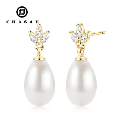 High Quality Minimalist Jewelry 7-7.5mm Water Drop-shaped Freshwater Pearl Three-petaled Flower Leaf Element Drop Earrings