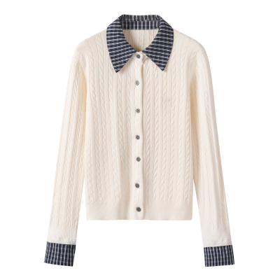 Preppy-style Layered-look Plaid Color-block Retro Age-reducing Women Cardigan