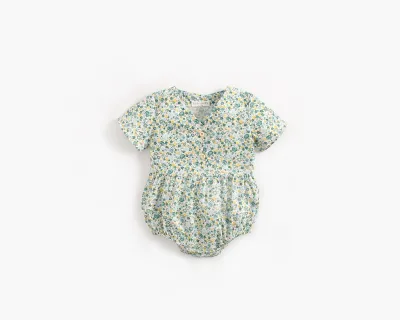 Cheap Wholesale High Quality Little Baby Bubble Button Up Romper Suit Set With Fancy Flower Pattern