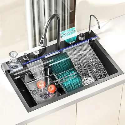 LED Digital Smart Waterfall Faucet 304 Stainless Steel Large Single Bowl Four Kitchen Sink Multifunction Bionic Wash Polished