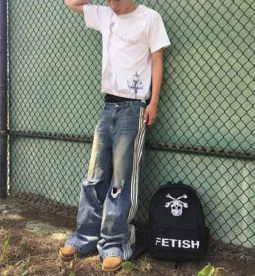 Washed Denim Pants with Worn-out Stripes Double Waistband High Street Style,Loose and Casual, High Waist Wde-leg Pants