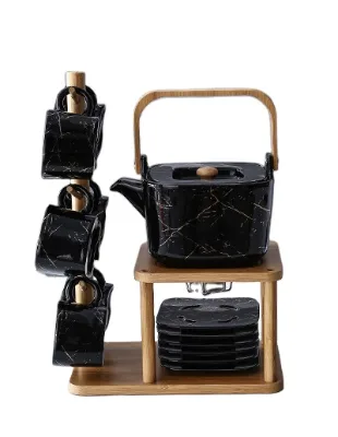 Porcelain Tea Set with Bamboo Holder Nordic Style Marble Design Tea Service Set with Black or White Glaze Fashion Golden Design