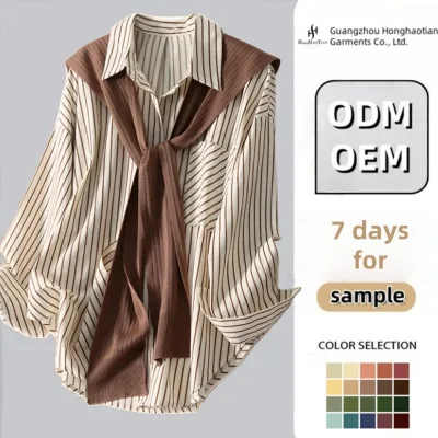 Custom Shawl Stripe Shirt Women's Two-piece Topfashionable Autumn Lapel Long Sleeve Loose Shirts
