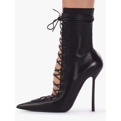Black High Heel Ankle Boots for Women Pointed Toe Heeled Black Booties Ladies Stiletto Heel Lace up Short Boots Large Size