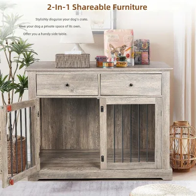 Cross-border Exclusive Large Dog Crate Furniture Wooden Dog Bed with Storage Drawers Decorative Pet Cage 2-in-1