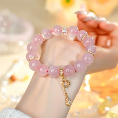 Wholesale natural crystal pink crystal original bracelet round pearl peach pink bracelet