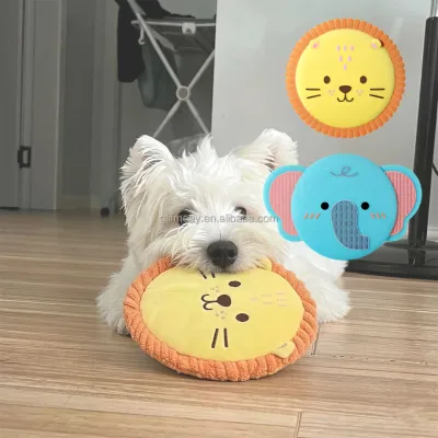 Cartoon Plush Dog Flying Disc Squeaky Soft Fleece Outdoor Interactive Fetch Chew Toy for Small & Medium Dogs